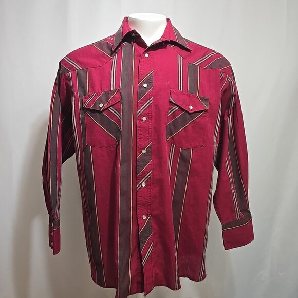 Vintage Wrangler Western Shirt Mens XL Red Stripe Pearl Snap X-Long Tails - Picture 1 of 8